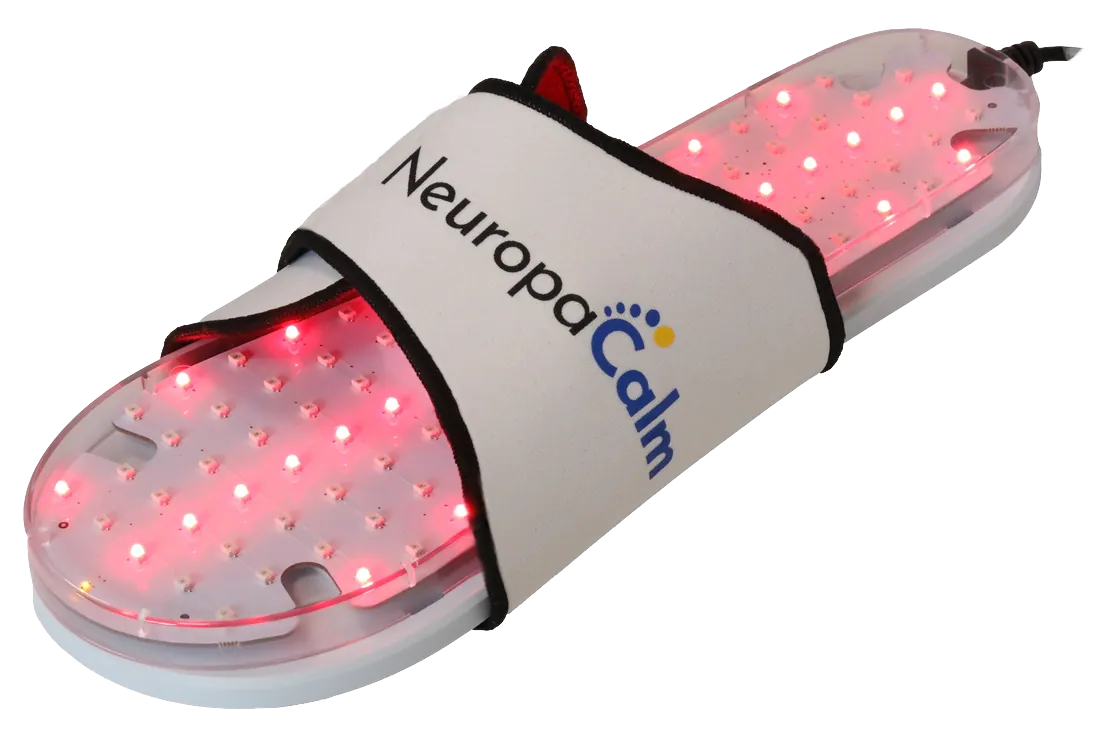 a pair of sandals with a red light on them